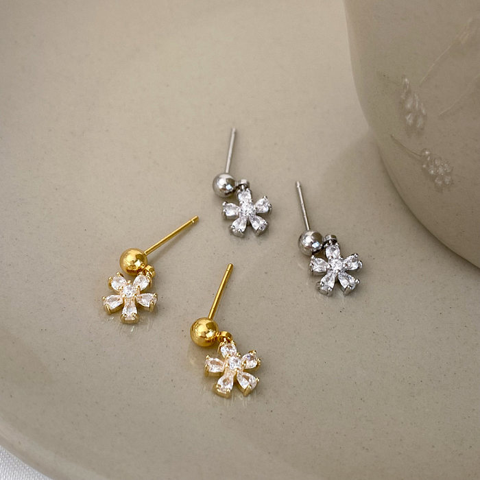 Boucles d'oreilles pendantes en cuivre et Zircon plaqué or, 1 paire de fleurs douces