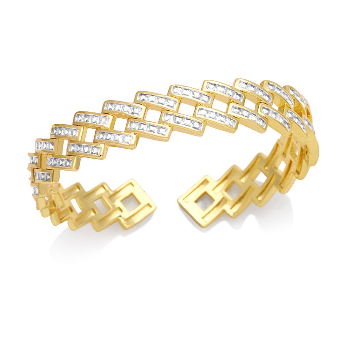 Modern Style Geometric Square Copper Plating Inlay Zircon 18K Gold Plated Bangle