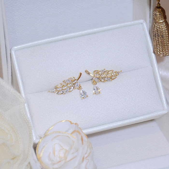 1 Pair Simple Style Leaf Plating Inlay Copper Zircon 14K Gold Plated Ear Studs