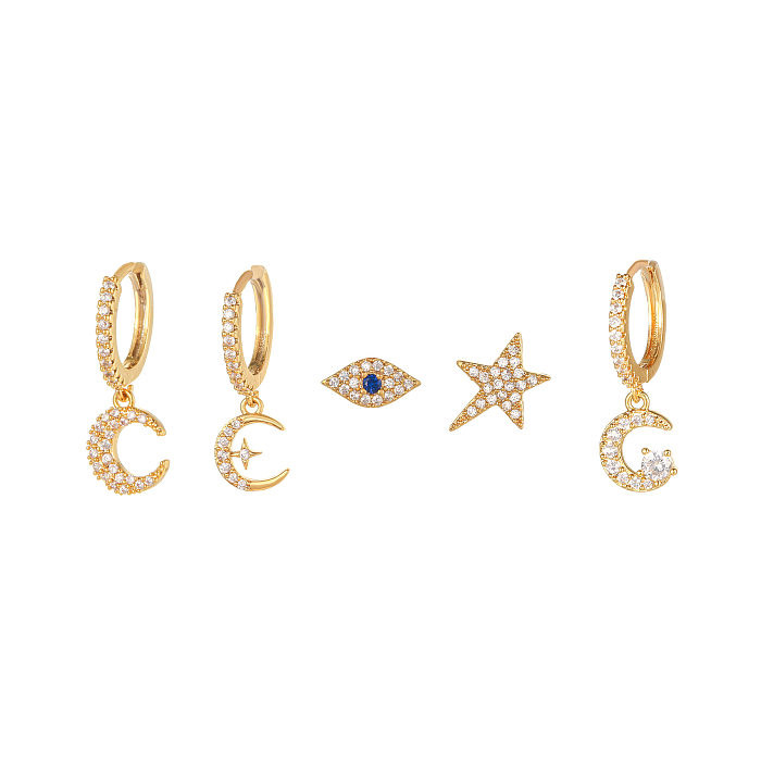 Retro Devil'S Eye Star Moon Copper Inlaid Zircon Earrings 1 Set
