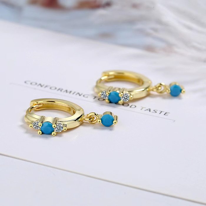 1 paire de boucles d'oreilles pendantes en cuivre, Turquoise et Zircon, Style Simple, placage rond, incrustation