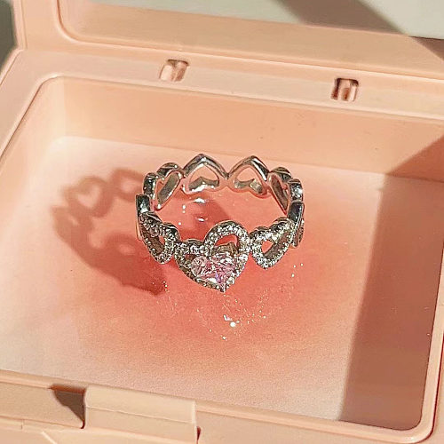 Romantique doux coeur forme cuivre placage évider incrustation Zircon anneaux ouverts
