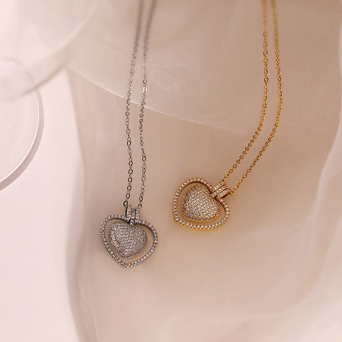 Simple Style Heart Shape Copper Plating Inlay Zircon 18K Gold Plated Pendant Necklace