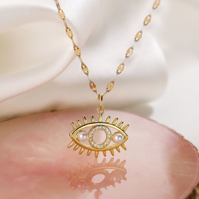 Collar con colgante chapado en oro de 18K con incrustaciones de perlas artificiales, chapado en cobre, ojo del diablo, estilo Simple