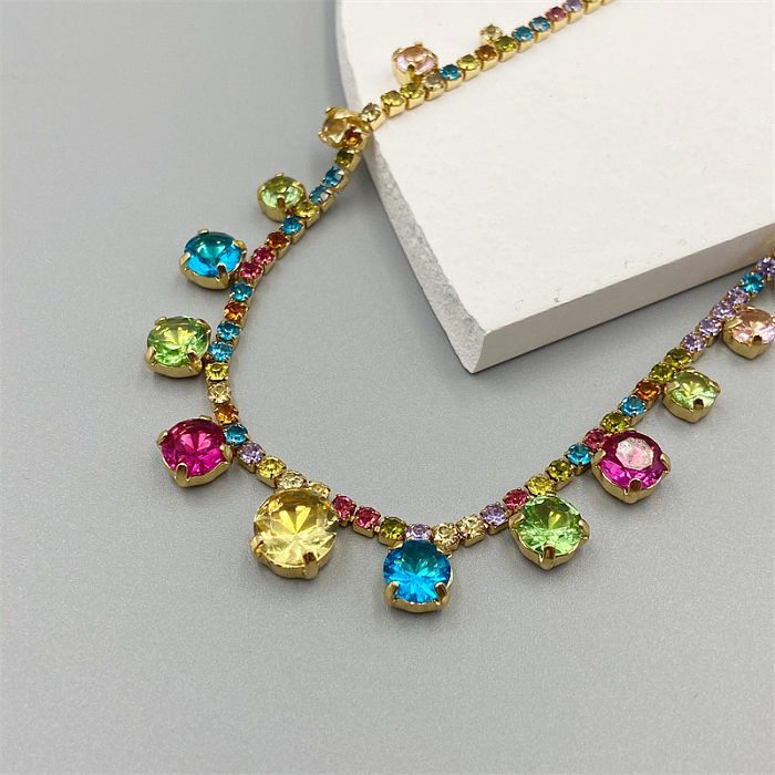 Retro Colorful Brass Plating Inlay Rhinestones 18K Gold Plated Necklace