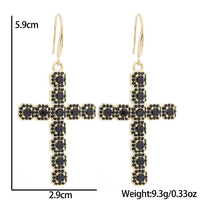 1 Pair Retro Cross Inlay Copper Zircon Drop Earrings