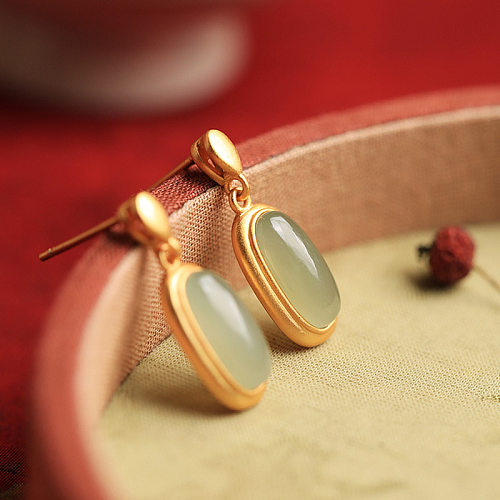 1 Pair Retro Oval Copper Inlay Jade Drop Earrings