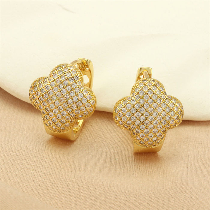 1 Pair Simple Style Four Leaf Clover Plating Inlay Copper Zircon 18K Gold Plated Earrings
