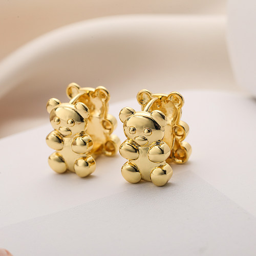 1 paire de boucles d'oreilles en cuivre plaqué or 18 carats, Style Simple, ours en forme d'animal