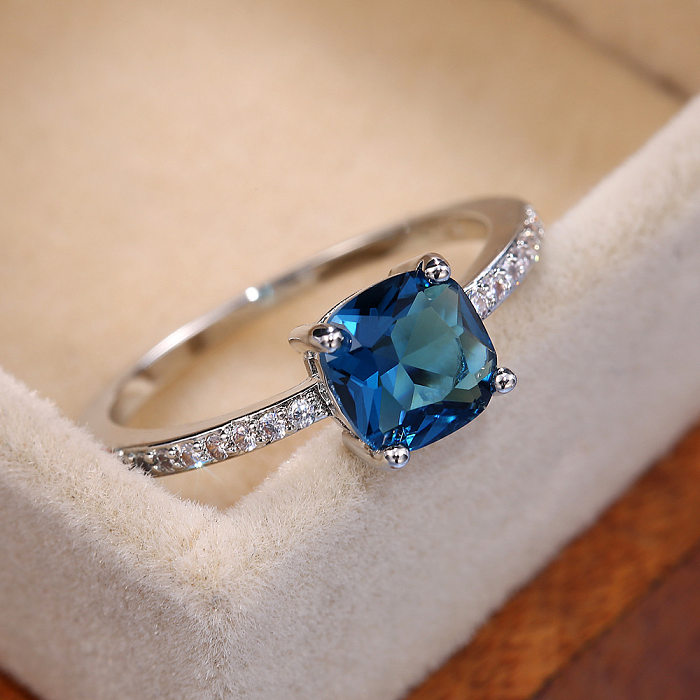Fashion Micro-encrusted Zircon Sapphire Blue Square Diamond Copper Ring Female