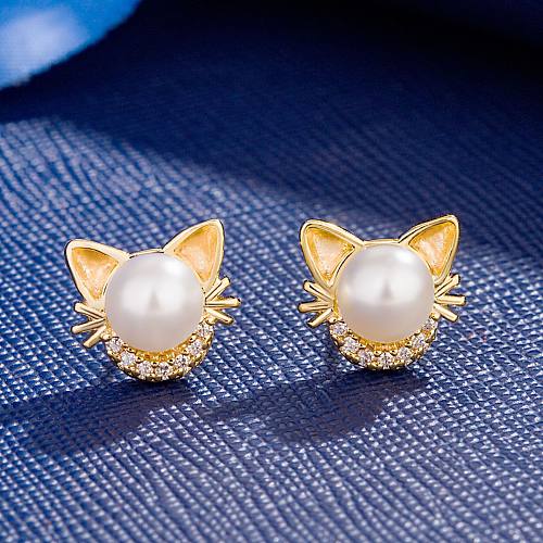 1 paire de clous d'oreilles en cuivre, incrustation de chat mignon, perles artificielles, strass