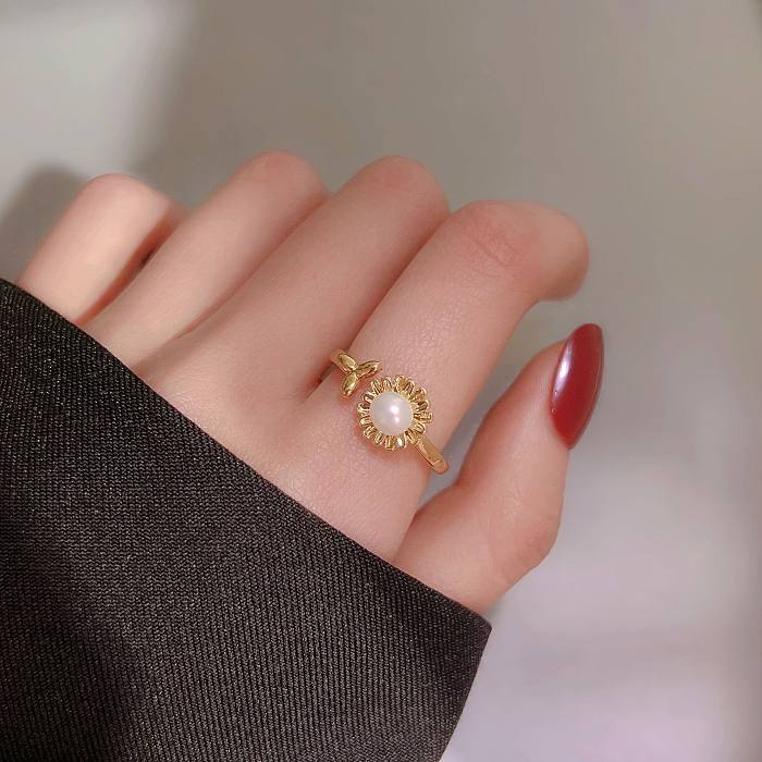 1 Piece Simple Style Geometric Copper Plating Artificial Pearls Open Ring