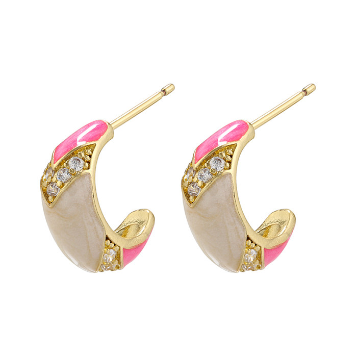1 Pair Elegant Luxurious Sweet C Shape Copper Enamel Plating Inlay Zircon 18K Gold Plated Ear Studs