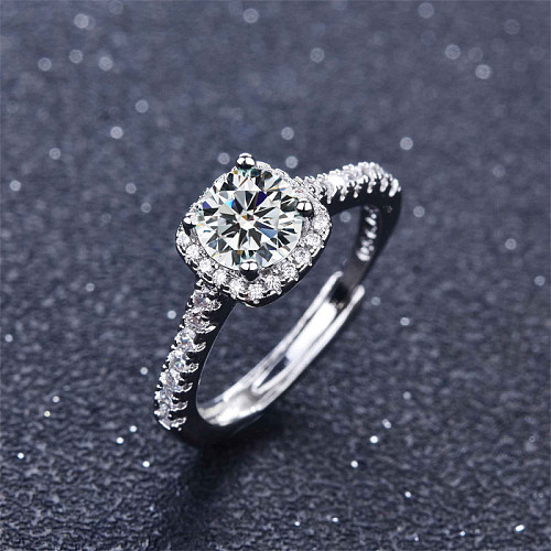 Elegante, glamouröse, glänzende, runde, quadratische, verkupferte, offene Ringe mit Zirkon-Intarsien und Weißgold