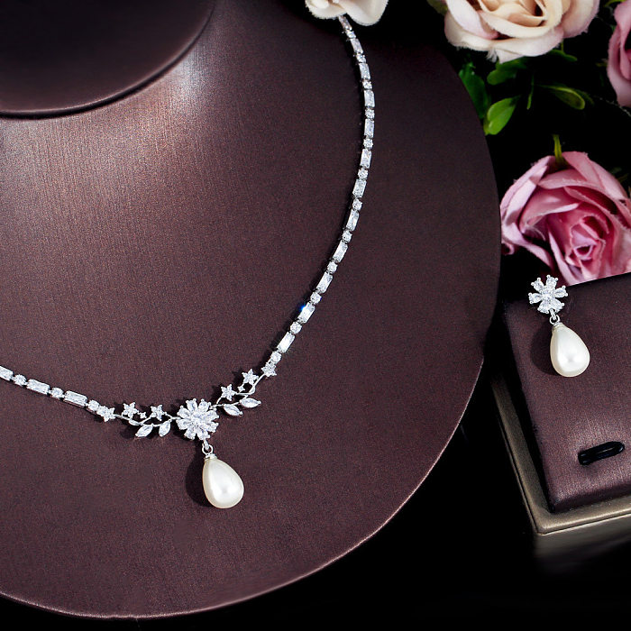 Luxurious Wedding Bridal Water Droplets Copper White Gold Plated Rhodium Plated Earrings Necklace