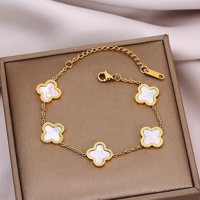 Casual estilo simples trevo de quatro folhas titânio banhado a ouro pulseiras brincos colar