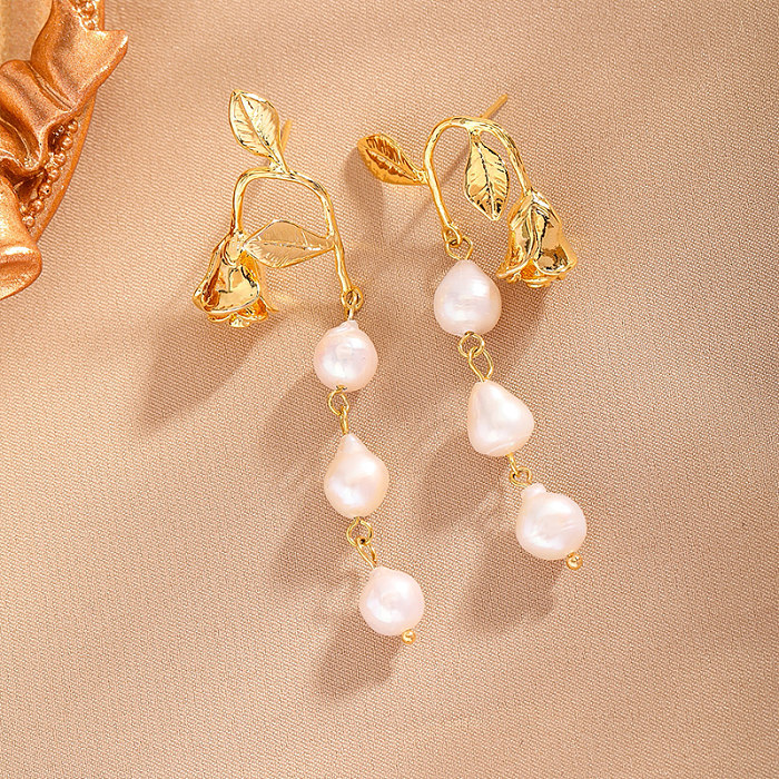 1 Pair Elegant Vintage Style Lady Flower Freshwater Pearl Copper Drop Earrings