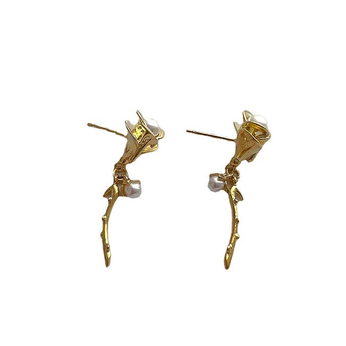 1 Pair Simple Style Flower Plating Inlay Copper Artificial Pearls Gold Plated Drop Earrings
