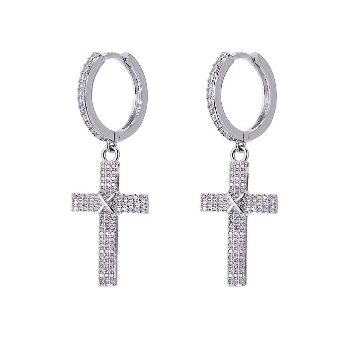 1 Pair IG Style Cross Four Leaf Clover Plating Inlay Copper Zircon Drop Earrings