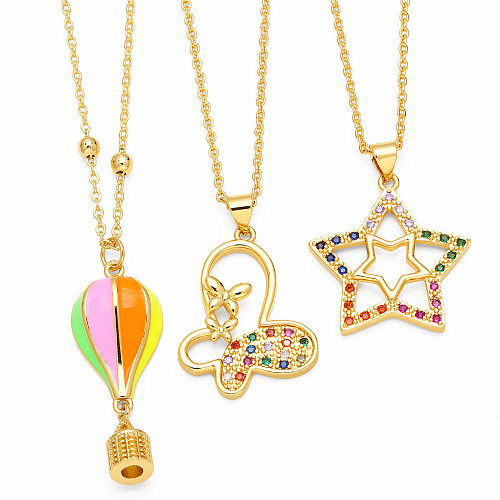 1 Piece Fashion Pentagram Hot Air Balloon Butterfly Copper Enamel Plating Inlay Zircon Pendant Necklace