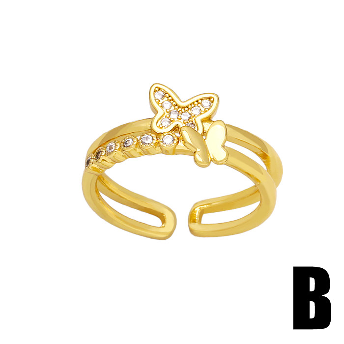 Simple Style Shiny Butterfly Copper Plating Inlay Shell Zircon 18K Gold Plated Open Rings