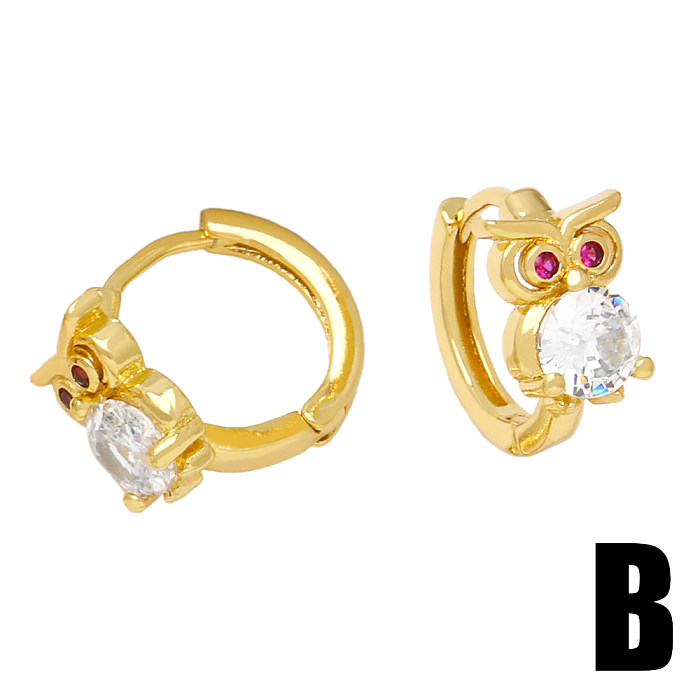 1 Pair Cute Sweet Pentagram Owl Enamel Plating Inlay Copper Zircon 18K Gold Plated Hoop Earrings