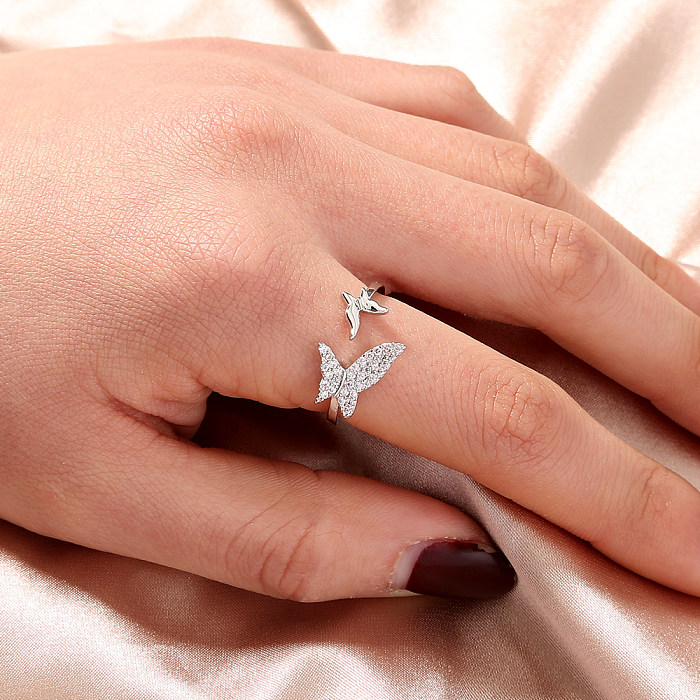 Simple Style Leaves Crown Butterfly Copper Plating Hollow Out Inlay Zircon Silver Plated Open Ring