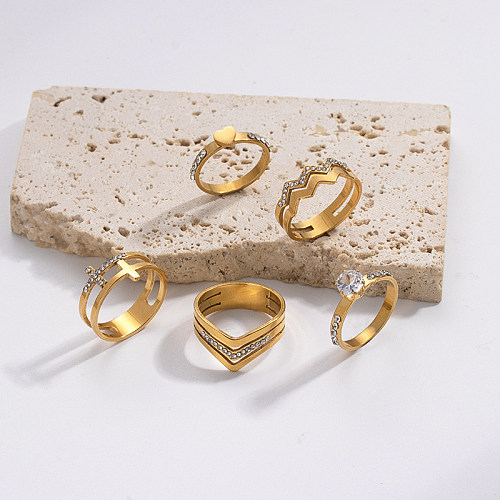IG Style V Shape Cross Heart Shape Stainless Steel 18K Gold Plated Rhinestones Rings In Bulk