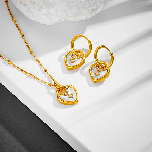 Collar de pendientes de concha de diamantes de imitación con incrustaciones de acero de titanio con forma de corazón dulce estilo INS