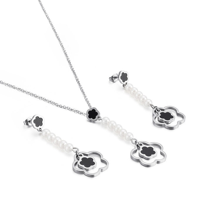 Mode Blume Titan Stahl Inlay künstliche Perlen Ohrringe Halskette 1 Set