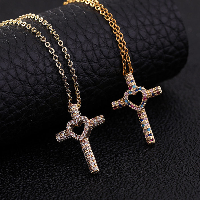 Cooler Stil, glänzendes Kreuz, Herzform, Kupferbeschichtung, aushöhlen, Inlay, Zirkon-Anhänger-Halskette