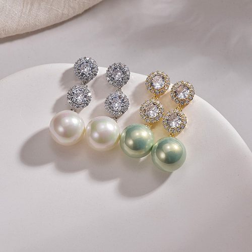 1 paire de boucles d'oreilles élégantes pour femmes, incrustation géométrique douce, Imitation perle, cuivre, Zircon