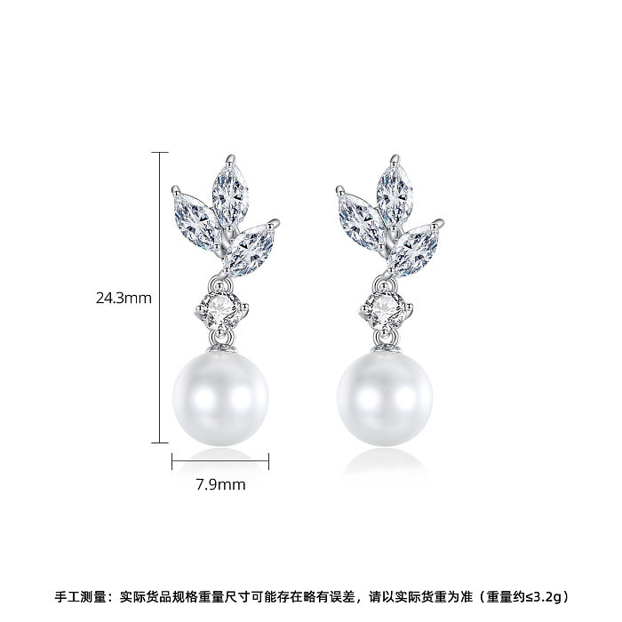1 Pair Lady Leaf Artificial Pearl Copper Plating Inlay Zircon Drop Earrings