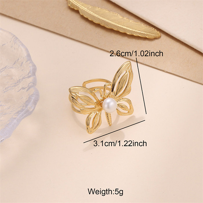 Elegant Butterfly Stainless Steel Plating Inlay Freshwater Pearl 18K Gold Plated Open Rings