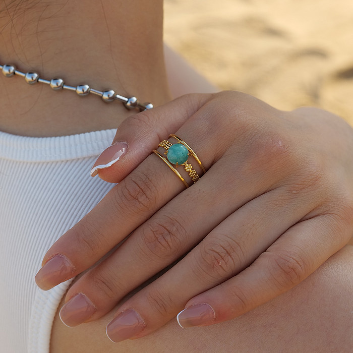 IG Style Schlichter, runder, mit Inlay aus Edelstahl beschichteter, türkisfarbener, 18 Karat vergoldeter offener Ring