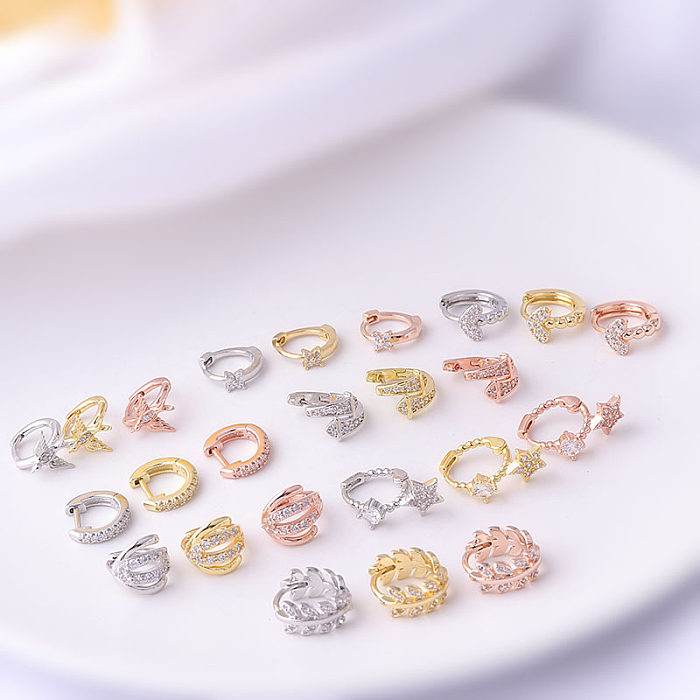 Fashion Leaf Copper Plating Inlay Zircon Hoop Earrings 1 Piece