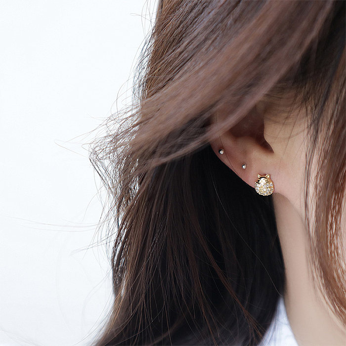 1 Pair Cute Simple Style Cat Plating Inlay Copper Zircon 14K Gold Plated Ear Studs
