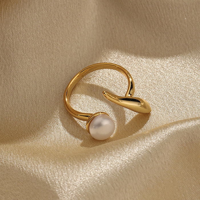 Retro Commute Geometric Copper Plating Inlay Artificial Pearls 18K Gold Plated Open Rings