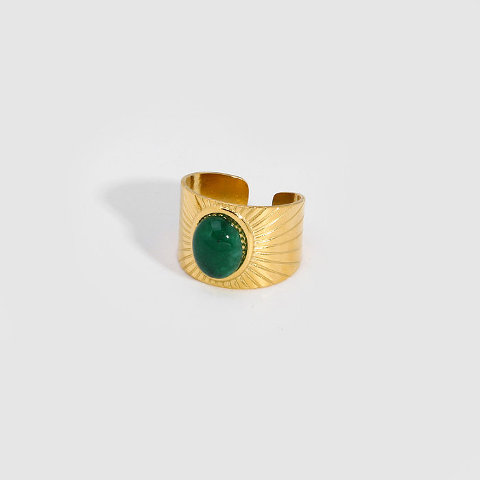 Retro Streetwear Oval Stainless Steel Plating Inlay Natural Stone 18K Gold Plated Open Rings