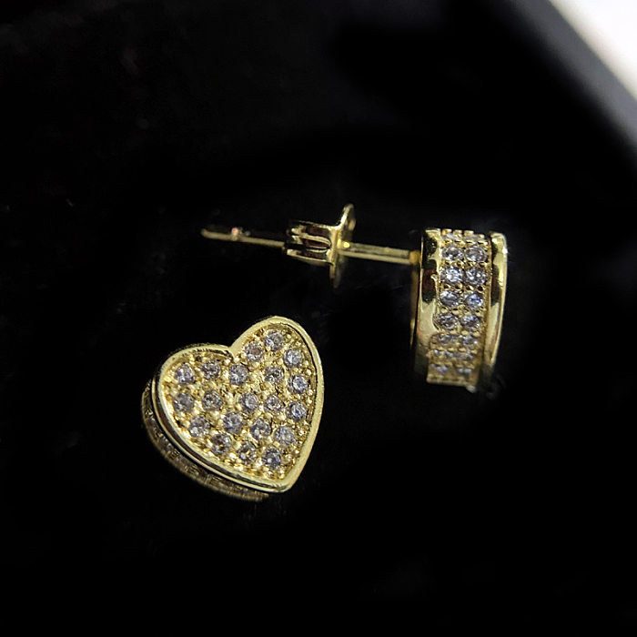 1 Pair Lady Heart Shape Copper Inlay Zircon Ear Studs
