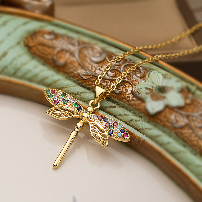 Simple Style Commute Dragonfly Copper Plating Inlay Zircon 18K Gold Plated Pendant Necklace