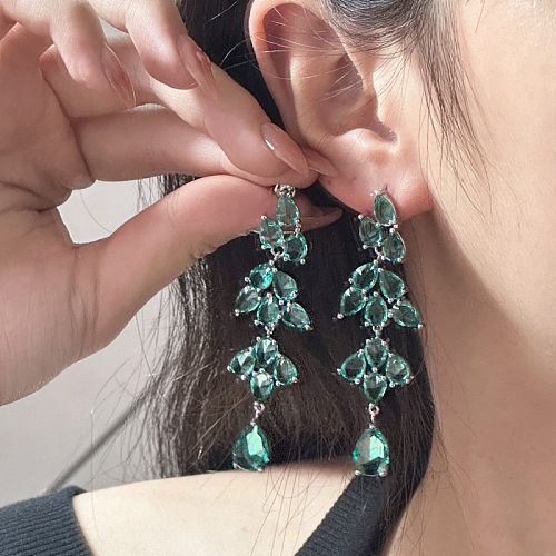 1 Pair Retro Leaf Copper Inlay Artificial Gemstones Drop Earrings
