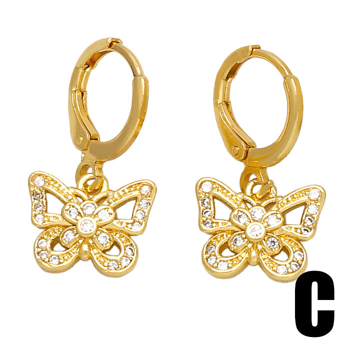 1 Paar süße, schlichte Ohrringe mit Blumen- und Schmetterlingsbeschichtung, Kupfer-Zirkon, 18 Karat vergoldet