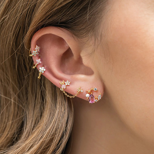 Fashion Rabbit Moon Flower Copper Inlay Zircon Earrings 5 Piece Set