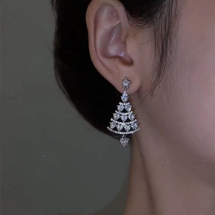 Fashion Christmas Tree Water Droplets Copper Tassel Zircon Earrings 1 Pair