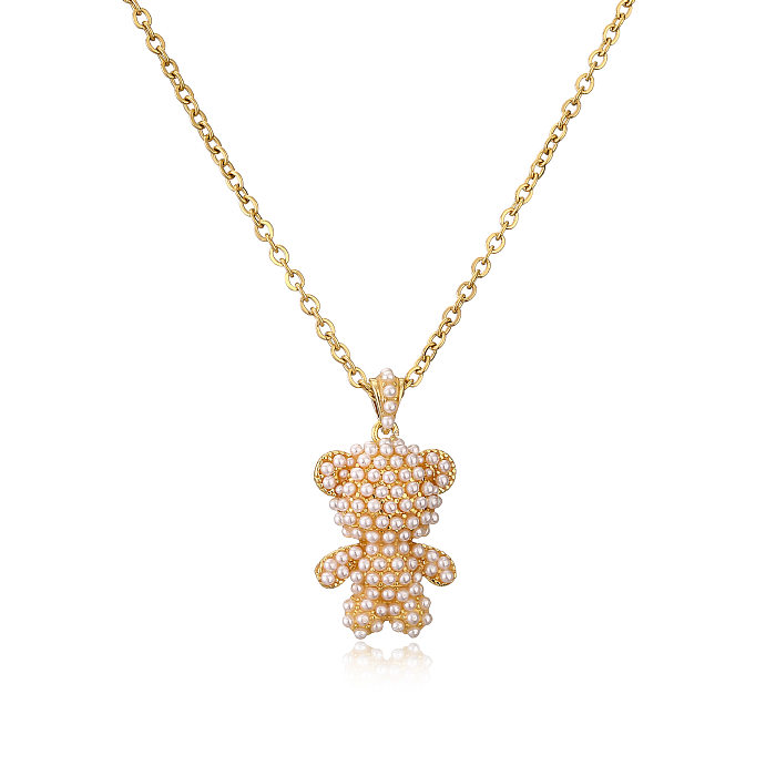 Cute Animal Bear Copper Inlay Artificial Pearls Pendant Necklace