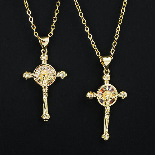 Collar de circón con incrustaciones de cobre chapado en oro religioso con cruz de moda