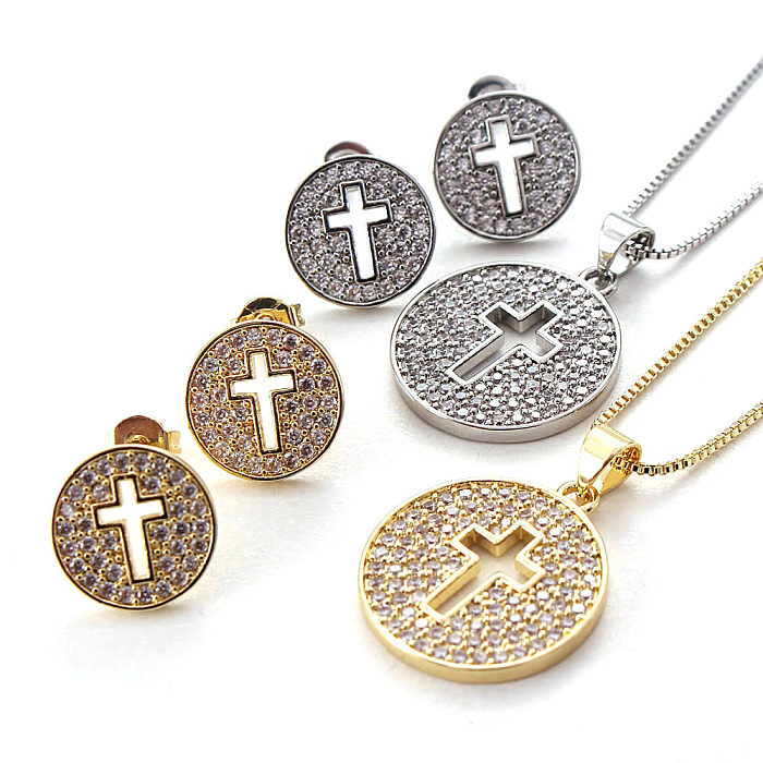 IG Style Simple Style croix ronde cuivre placage incrustation Zircon plaqué or boucles d'oreilles collier