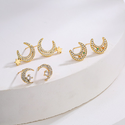 Brincos de orelha de cobre em forma de lua com micro incrustações de ouro 18K banhados à moda