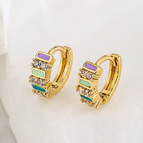 Fashion Geometric Copper Hoop Earrings Enamel Gold Plated Zircon Copper Earrings 1 Pair